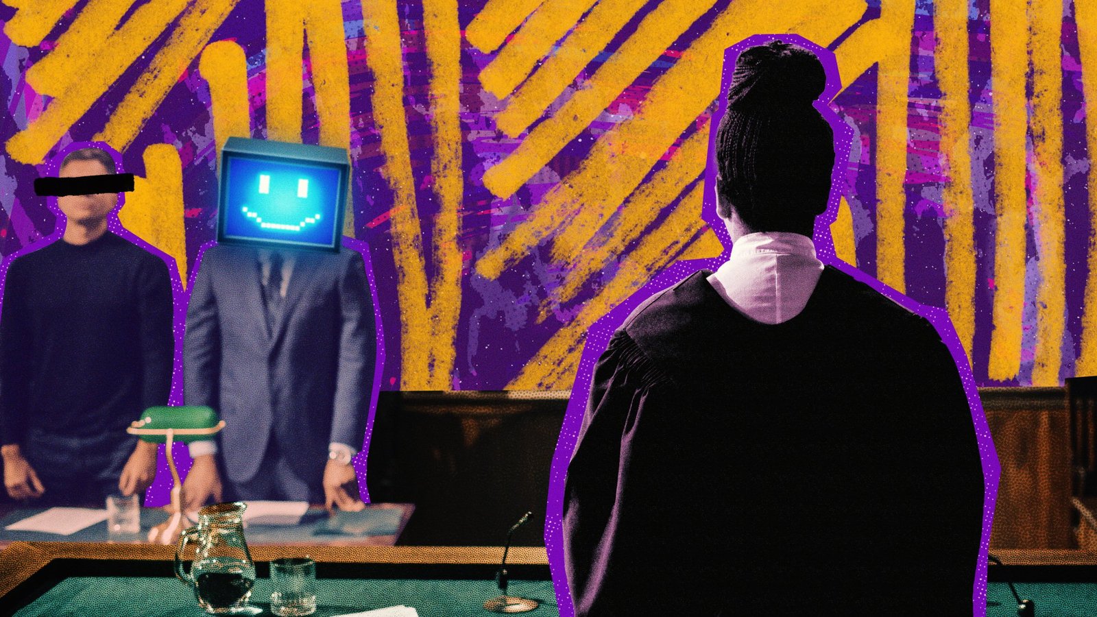 An illustration of a person with a computer monitor for a head (symbollising AI) standing next to a person they